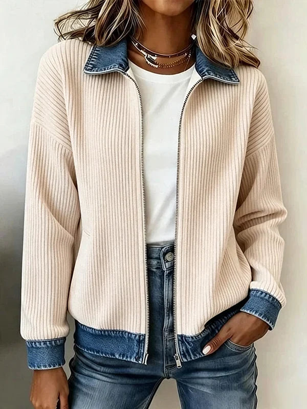 🎁Women's Casual Ribbed Knit Zip-Up Jacket with Contrast Denim Details