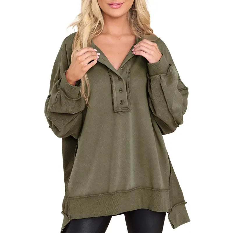 Oversized Button Henley Sweatshirt