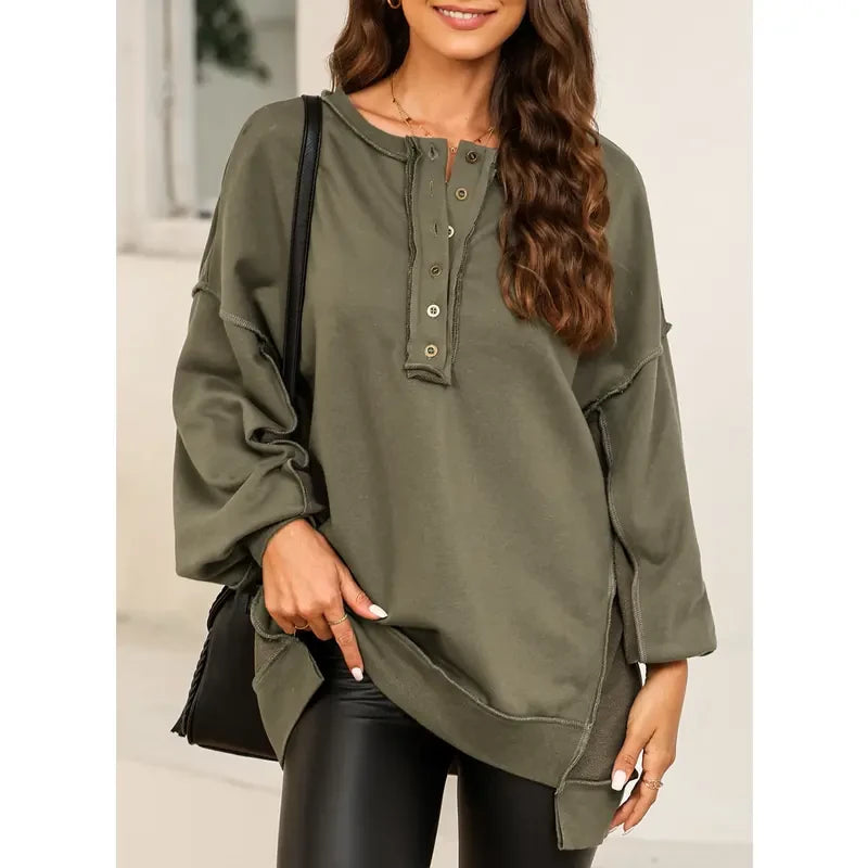 Oversized Button Henley Sweatshirt
