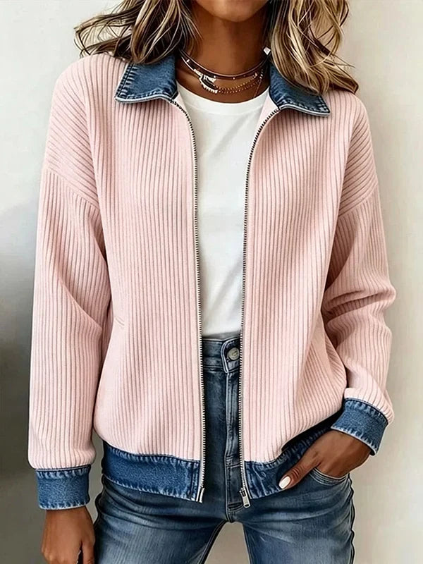 🎁Women's Casual Ribbed Knit Zip-Up Jacket with Contrast Denim Details