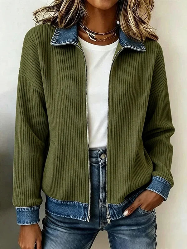 🎁Women's Casual Ribbed Knit Zip-Up Jacket with Contrast Denim Details