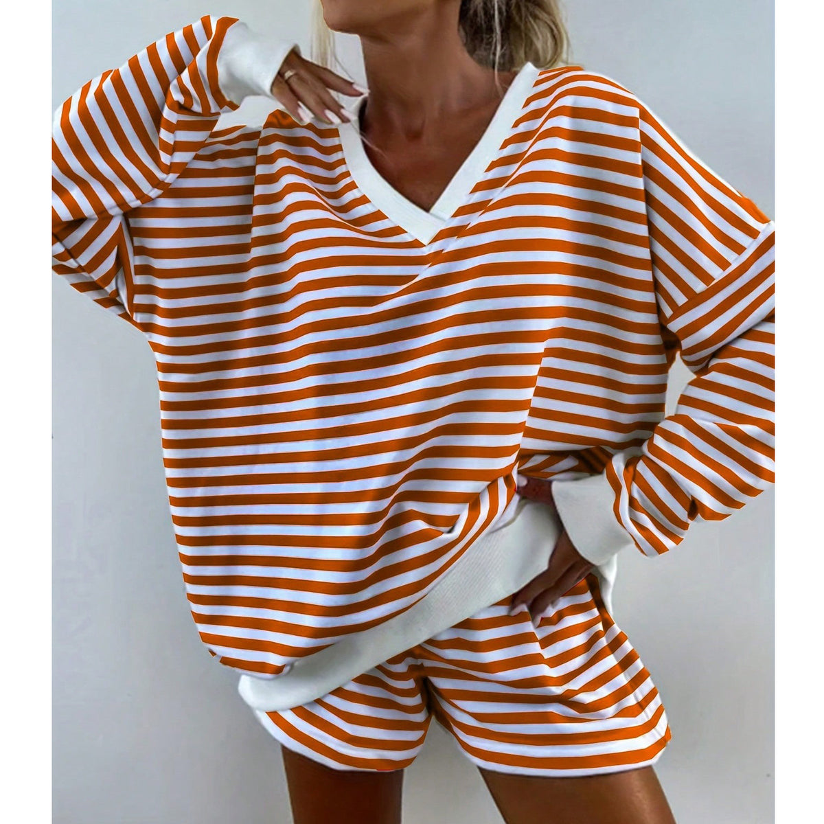 Women’s Striped Two-Piece Tee & Shorts Set, Loose Fit